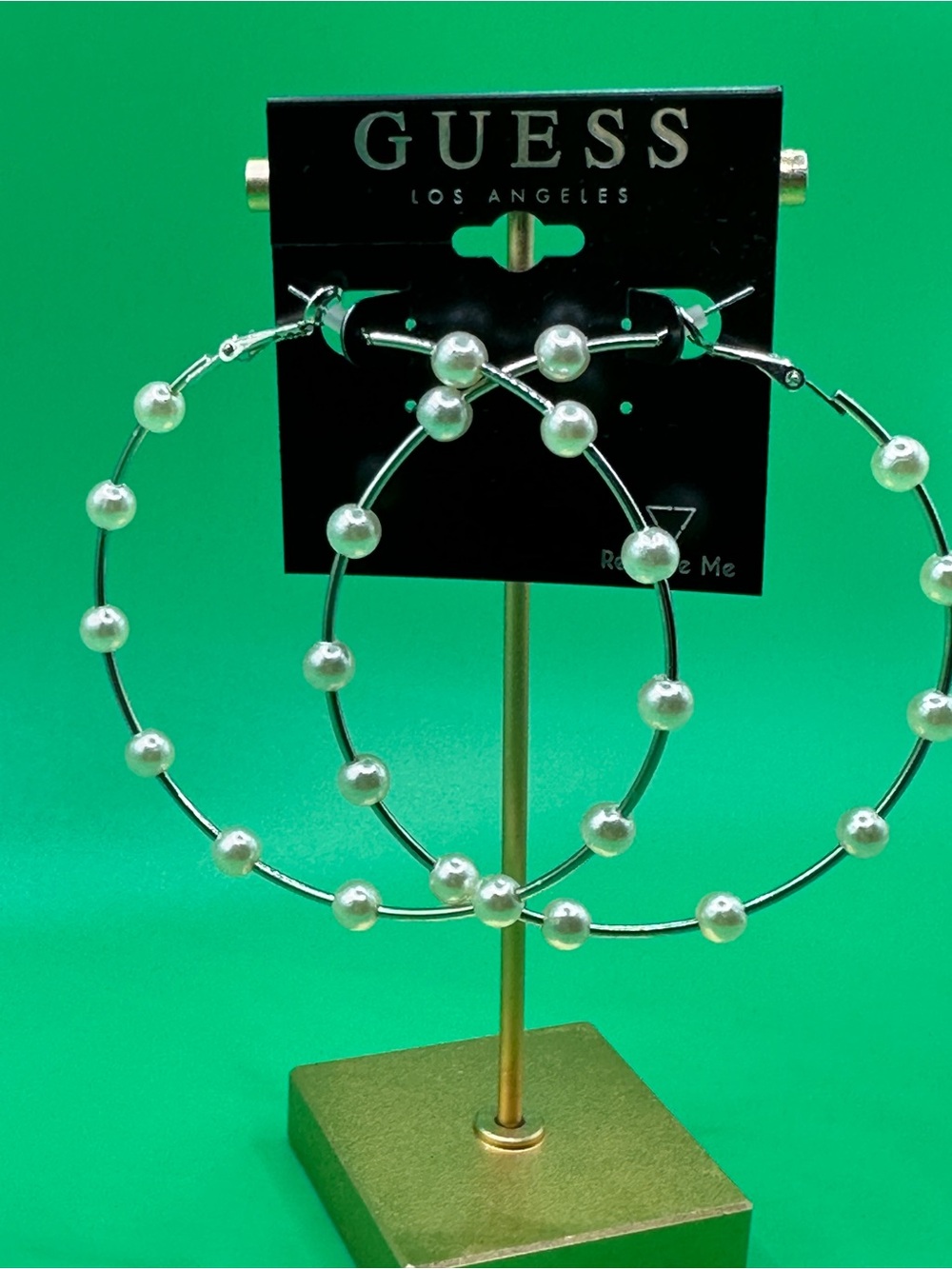 GUESS Silver Hoop Earrings with White Pearl Accents